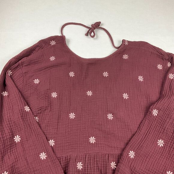 Madewell Embroidered Lightspun Peplum Top Maroon Open Back Floral Boho Shirt 2X - Picture 3 of 10